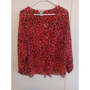 Deb Womens Plus 1X Pink Leopard Print Button Down Front Tie Chiffon Blouse Top